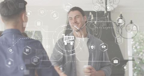 Shaking hands in modern foyer with shopping cart hud and digital ecommerce icons