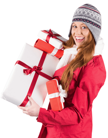 Smiling Woman Holding Christmas Presents Transparent Background