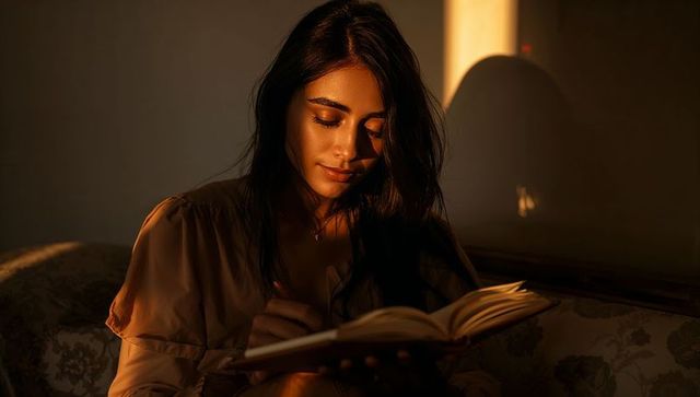 Golden hour reading: intimate woman journaling on sofa under warm amber lamp light