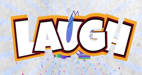 Bold 3d laugh typography, retro pop art style with confetti, blue rays on textured paper