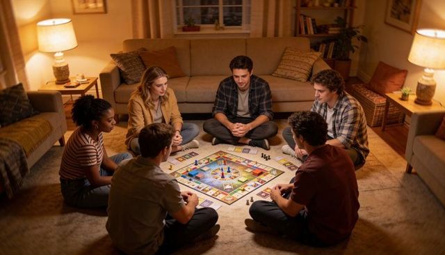Group of friends playing board game on living room floor during cozy evening gathering