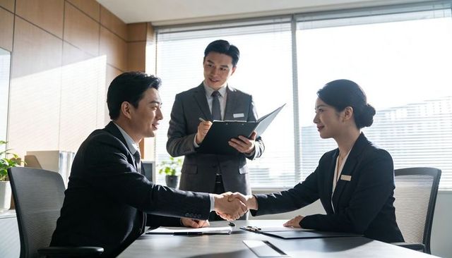 Executives shaking hands over agreement while manager noting on clipboard in bright office