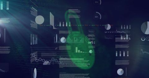 Digital Padlock and Fingerprint with Data Graphs for Cybersecurity Theme