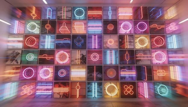 Gallery wall of neon panels showing geometric tubing motifs in colorful luminous matrix