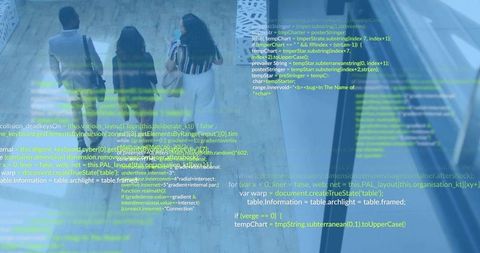 Walking Through Modern Office Lobby with Digital Code Overlay Representing Cybersecurity