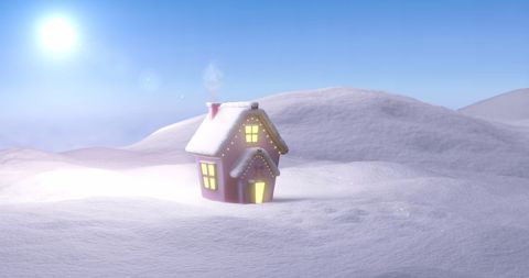 Cozy christmas cottage on winter landscape under sunlit sky