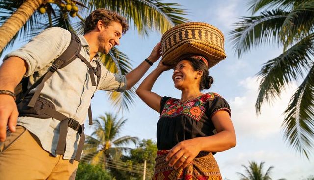 Smiling backpacker helping local woman adjust woven basket under tropical palm trees