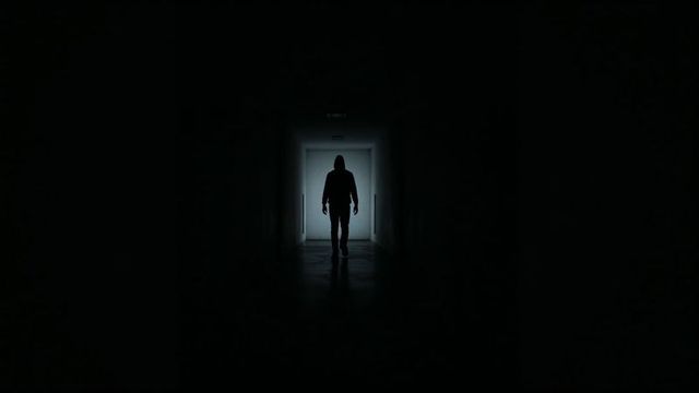 Silhouette of Hooded Figure in Dark Corridor