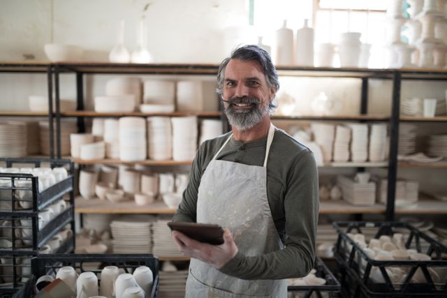 Mature male potter smiling while using tablet in pottery workshop. Shelves filled with ceramic pieces in background. Ideal for content related to artisans, small businesses, technology in crafts, and creative professions.