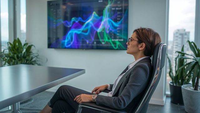 Businesswoman studying colorful analytics on screen in modern boardroom with city skyline