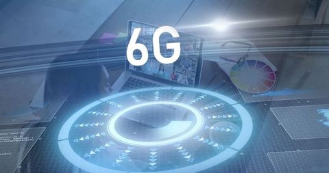 Mid-Adult Female Using Holographic 6G Interface in Modern Office
