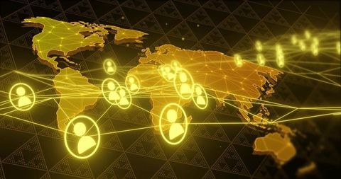Connecting Global Digital Network Linking Gold Neon World Map with User Profiles and Data Lines