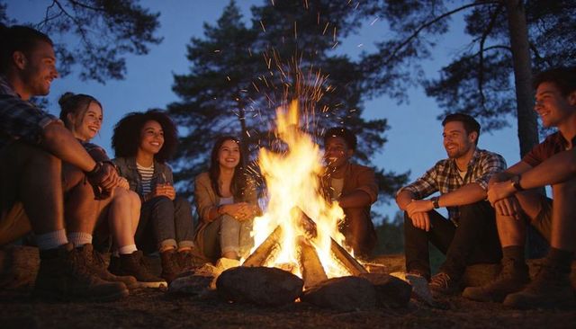 Friends gathering around campfire at dusk in pine woods laughing and warming hands