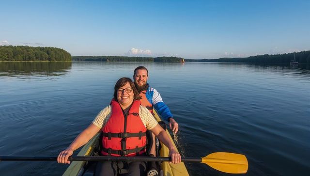 Happy Couple Kayaking Peacefully on Calm Lake at Sunset