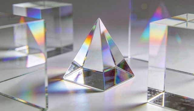 Refracting crystal pyramid casting rainbow spectrum with glass cubes on reflective surface