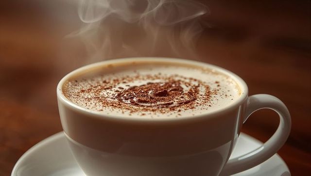 Steaming Hot Coffee Cup with Cocoa Topping on Wooden Tabletop