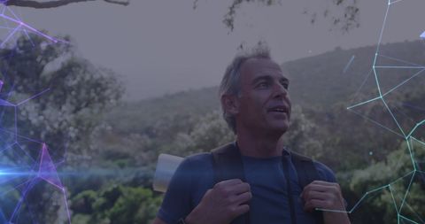 Senior Man Hiking in Countryside with Network and Connection Overlay
