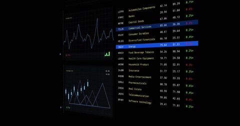 Stock market analysis with financial data display on screen