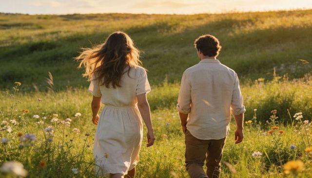 Couple walking through golden wildflower meadow at sunset, backlit romantic stroll