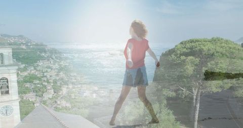 Woman Walking on Horizon Blended With Nature Landscape Surrounded by Radiant Light - Download Free Stock Images Pikwizard.com