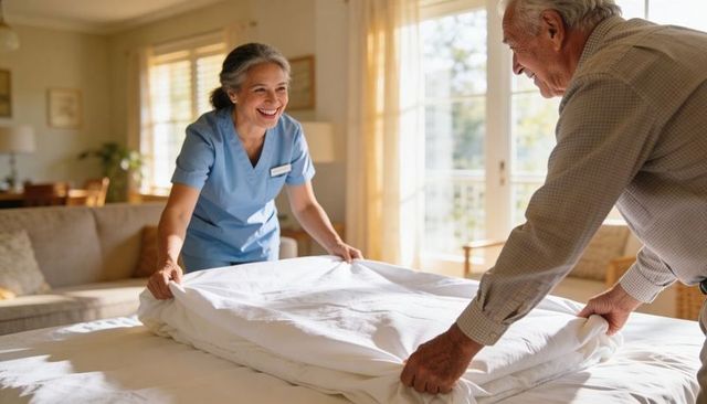 Caregiver making bed with senior in sunlit living room, home care support