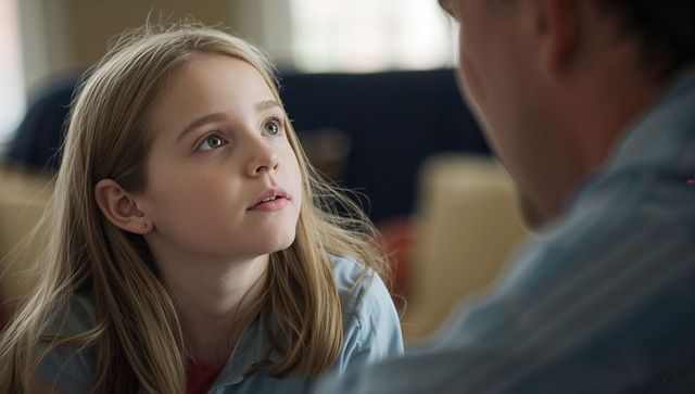 Young girl listening attentively during parent-child conversation in cozy living room
