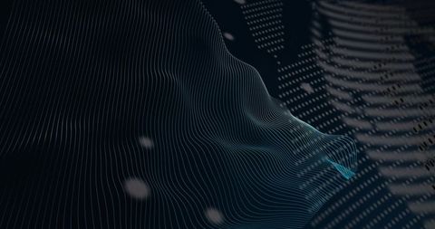 Abstract digital wireframe landscape flowing topographic lines with dotted grid and glow