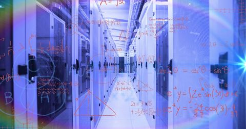 this image depicts an array of mathematical equations and formulae floating over a row of server cabinets in a tech room. it symbolizes the intersection of technology and mathematics, ideal for illustrating concepts of digital innovation, data centers, or tech infrastructures. it can be used in presentations, articles, and marketing materials related to it solutions and technological advancements.