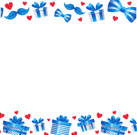 Blue gift boxes and red hearts decorative border on transparent background