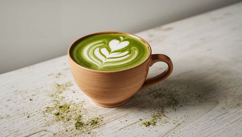 Matcha latte with heart leaf latte art in ceramic mug on rustic white table