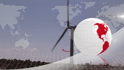 Globe and Data Animation Over Wind Turbine Symbolizing Global Renewable Energy