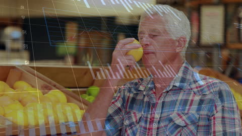 Happy Senior Man Choosing Lemons at Grocery Market with Financial Data Overlay