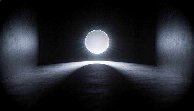 Glowing orb casting diffraction rays in narrow concrete tunnel, minimalist halo lighting