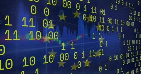 Streaming binary code and eu stars over candlestick chart showing market data trend