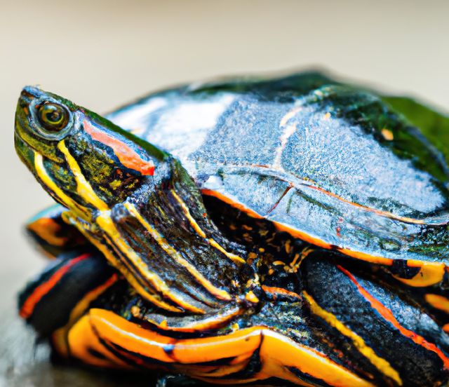 Close up of painted turtle created using generative ai technology. Animals, wildlife and nature concept, digitally generated image.