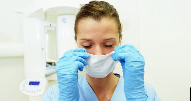 Nurse wearing protective mask and gloves, adjusting her face mask in clinic. Ideal for medical advertisements, health awareness campaigns, and educational materials on safety protocols and health care practices.