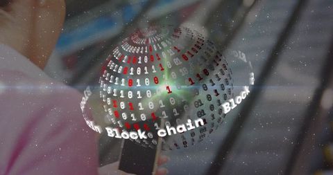 Woman holding smartphone viewing holographic blockchain globe at transit station