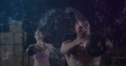 Kettlebell swing partners with digital globe overlay for global fitness training concept