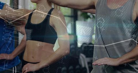 Trio performing torso and arm exercises in gym with data overlays for fitness