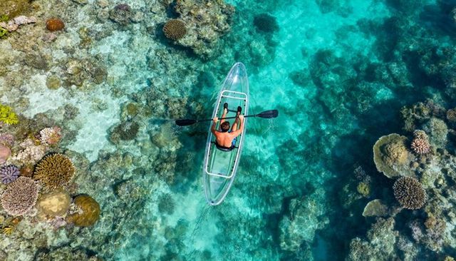 Paddling transparent kayak over turquoise coral reef, aerial top-down tropical lagoon