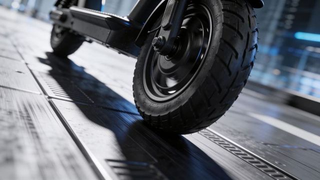 Electric scooter front wheel resting on grooved floor, tire tread and axle nut close-up