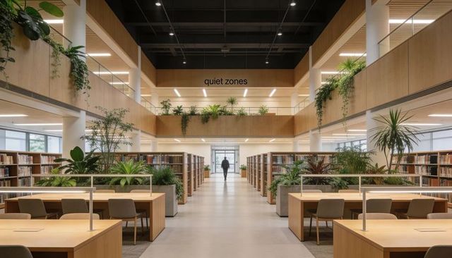 Modern two-story library atrium with wood interiors, greenery and quiet study zones