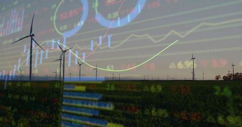 Wind Turbines with Financial Charts Overlaid at Dusk