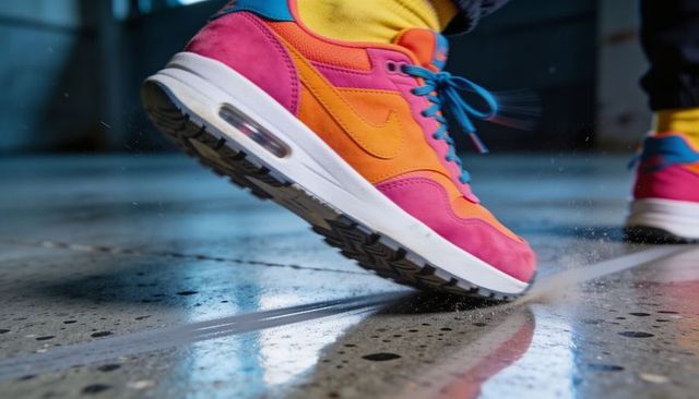 Vibrant retro sneaker skidding across wet concrete with motion splash and reflection