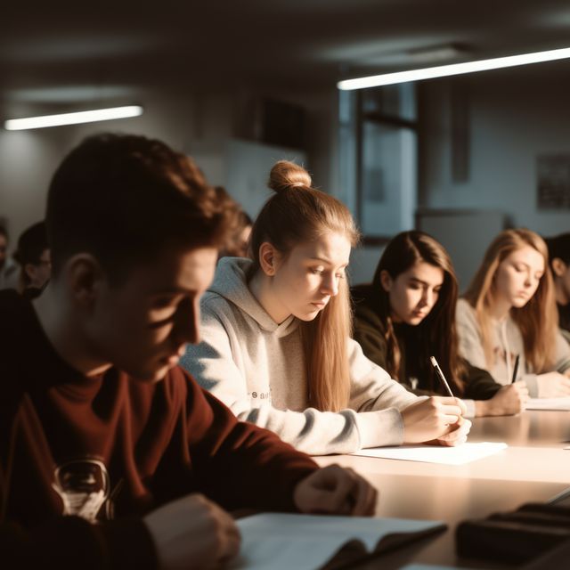 Focused Students Studying in Classroom under Artificial Lighting - Download Free Stock Images Pikwizard.com