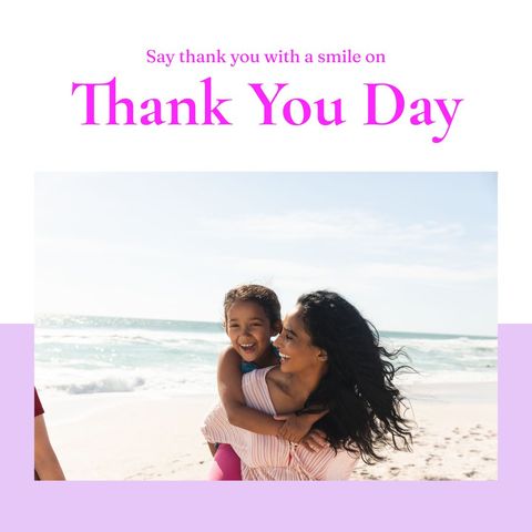 Happy Mother and Daughter Smiling at Beach on Thank You Day