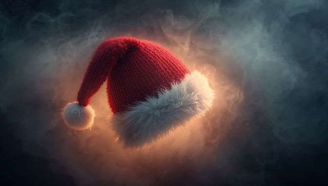 Floating santa hat glowing with warm orange halo, smoky backlight, knit beanie with faux-fur trim