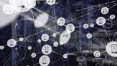 Complex Digital Network with Music and Tech Icons