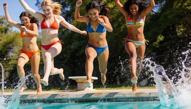 Four friends jumping into pool in colorful bikinis, summer splash and active lifestyle