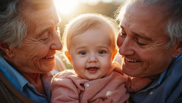 Grandparents Cradling Baby at Sunset Showing Warmth and Tenderness